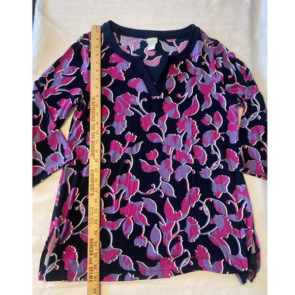 Chicos Travelers Floral Tunic Top Navy Purple Pink Split V-Neck Size 1 US 8/10 - Picture 4 of 7